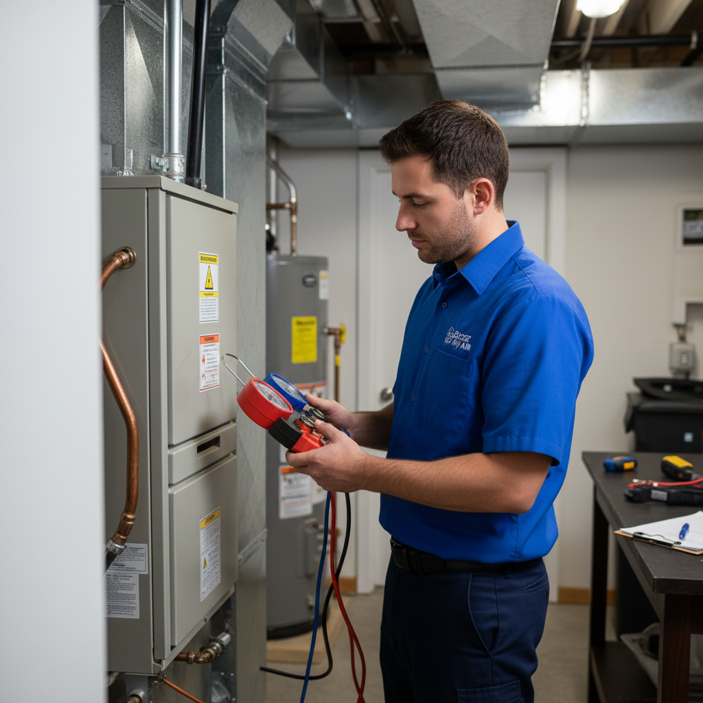 Boost My Air professional inspecting a furnace in a DFW metroplex basement, ensuring heating system efficiency.