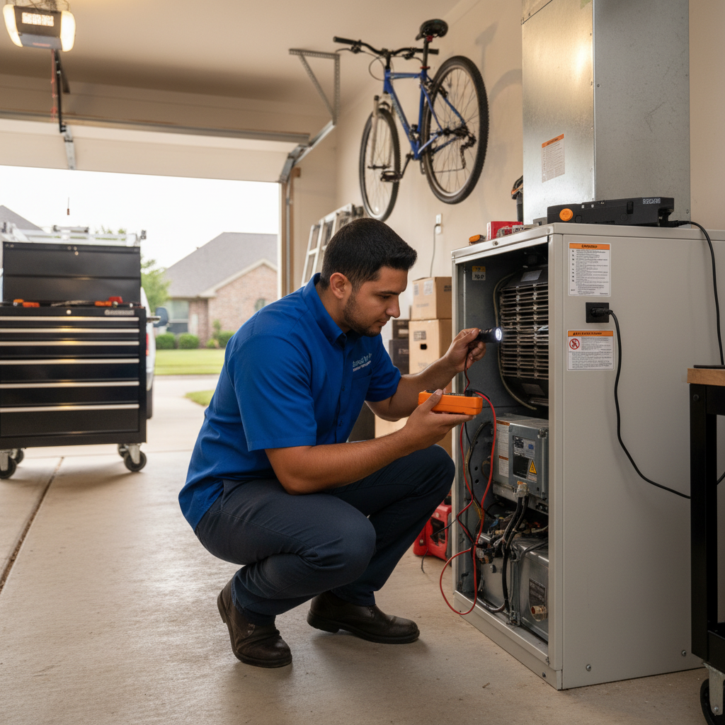 Boost My Air professional inspecting a furnace in a Grand Prairie, TX home.