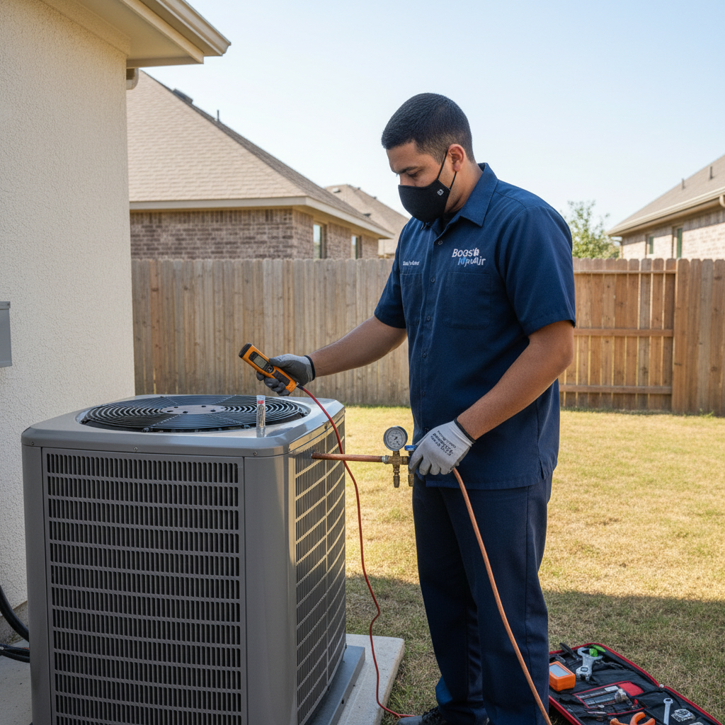 Boost My Air professional inspecting an air conditioning unit in the DFW metroplex, TX.