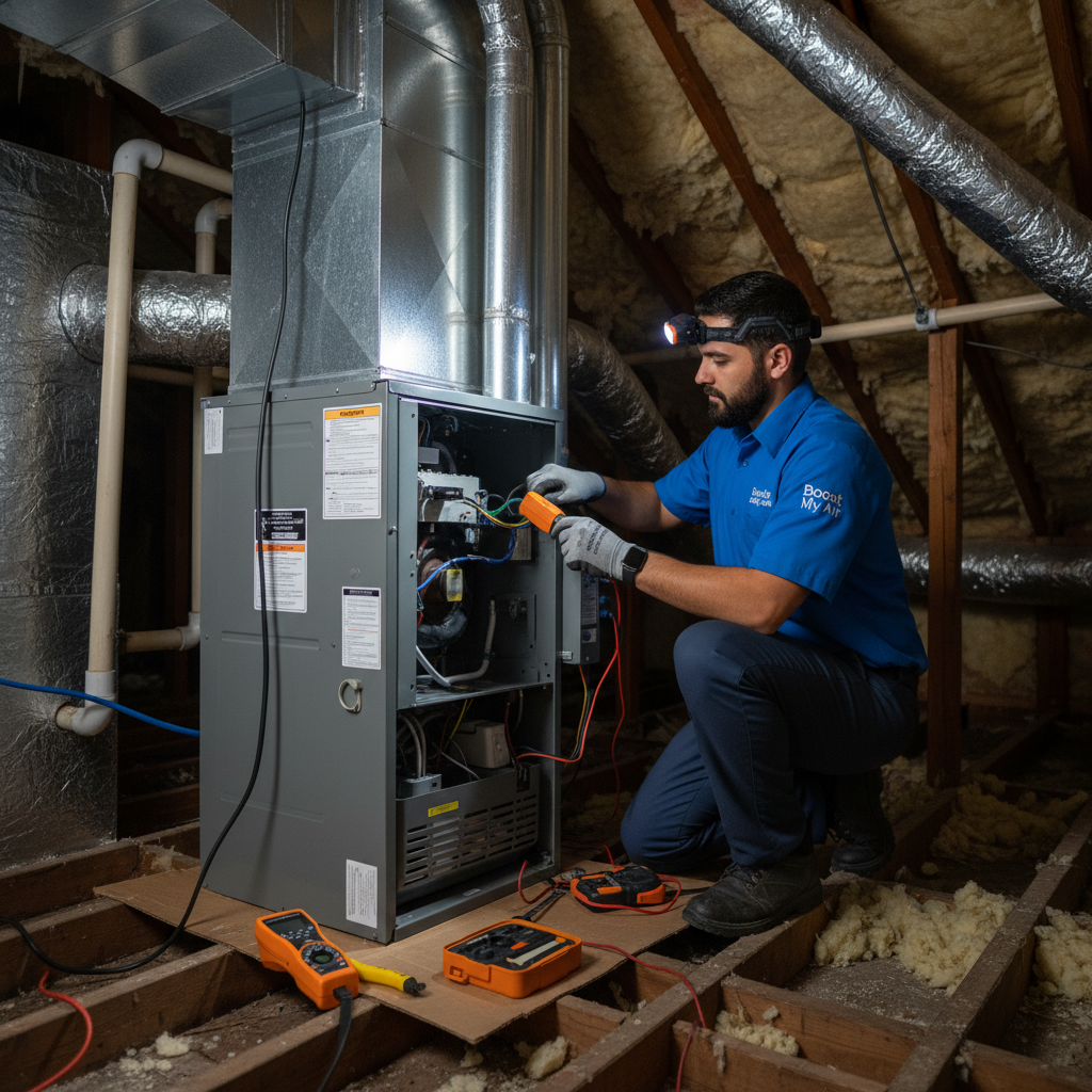 Boost My Air professional inspecting an air handler in a DFW metroplex attic space.