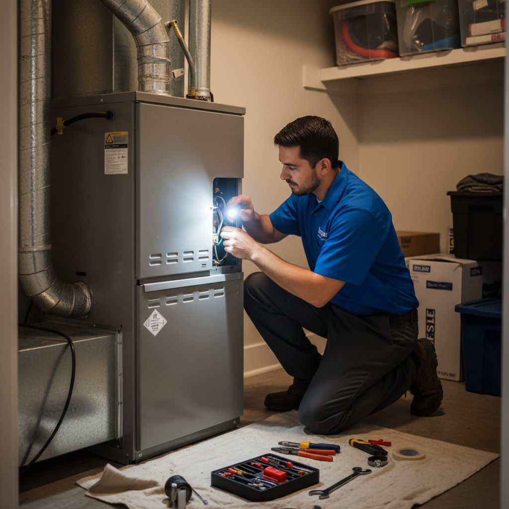 Boost My Air professional inspecting an indoor air handler for maintenance in Grand Prairie, TX.