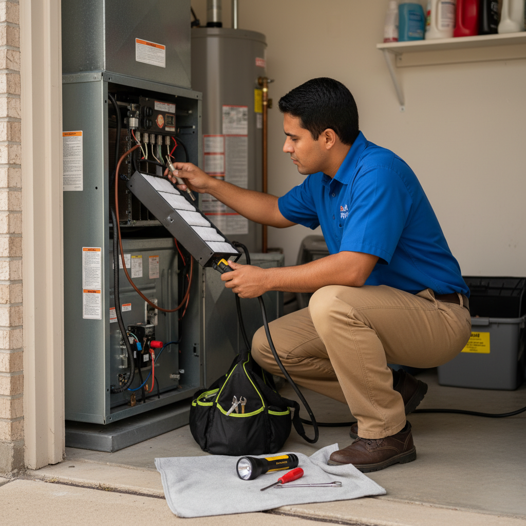 Boost My Air professional inspecting an indoor air handler system in a Grand Prairie, TX home.