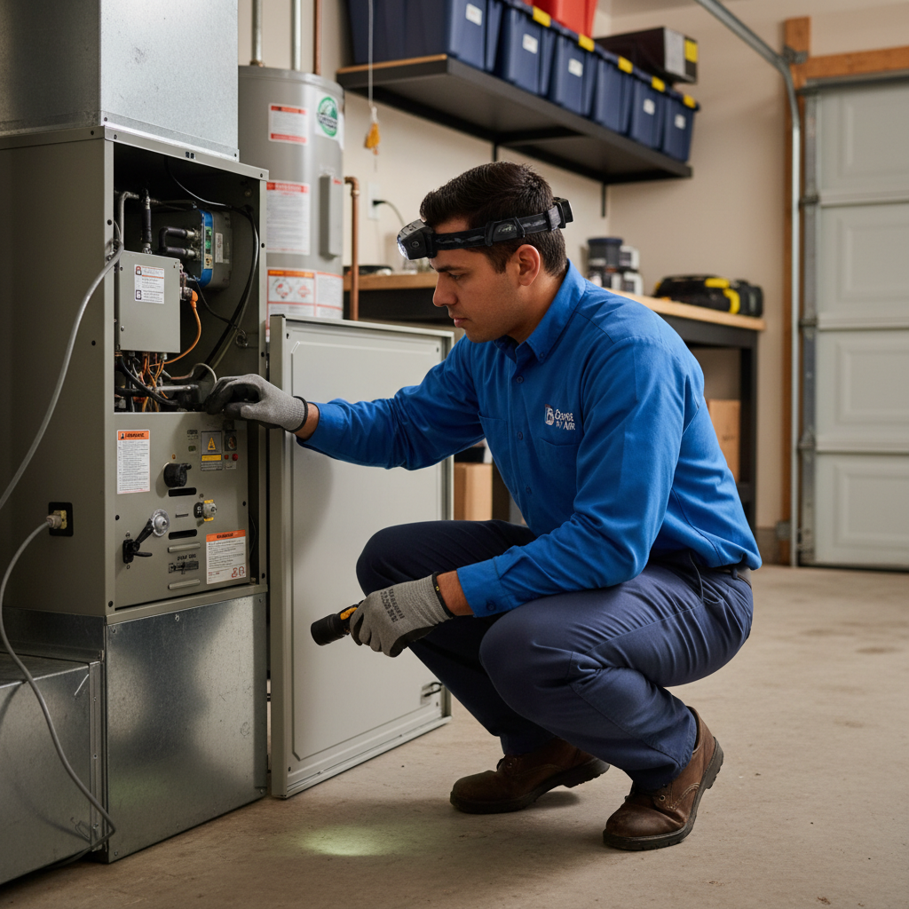 Boost My Air professional inspecting an indoor HVAC system for a home in Grand Prairie, TX, DFW metroplex.