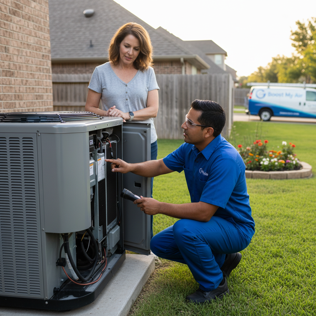 Boost My Air professional inspecting an outdoor AC unit for maintenance in Grand Prairie, TX.