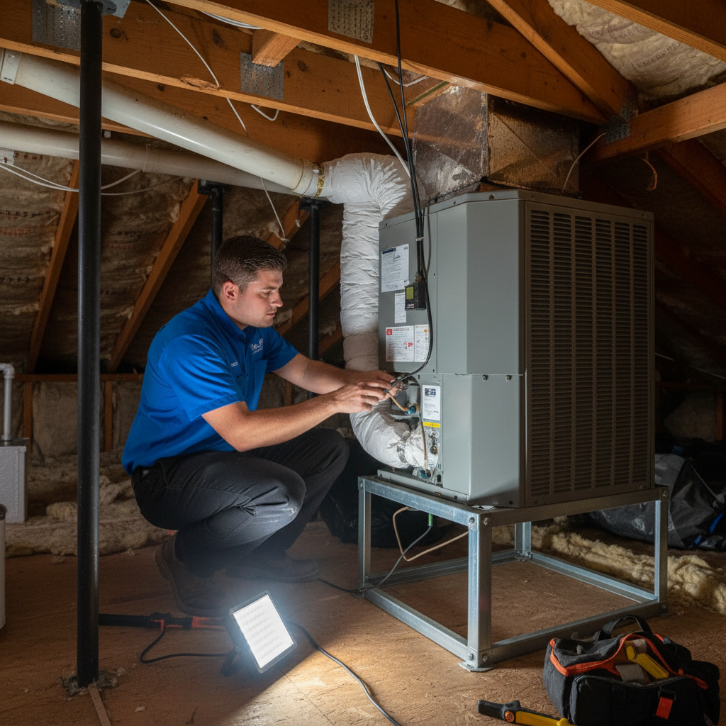 Boost My Air professional installing a new air conditioning unit inside a Grand Prairie, TX, DFW metroplex home.