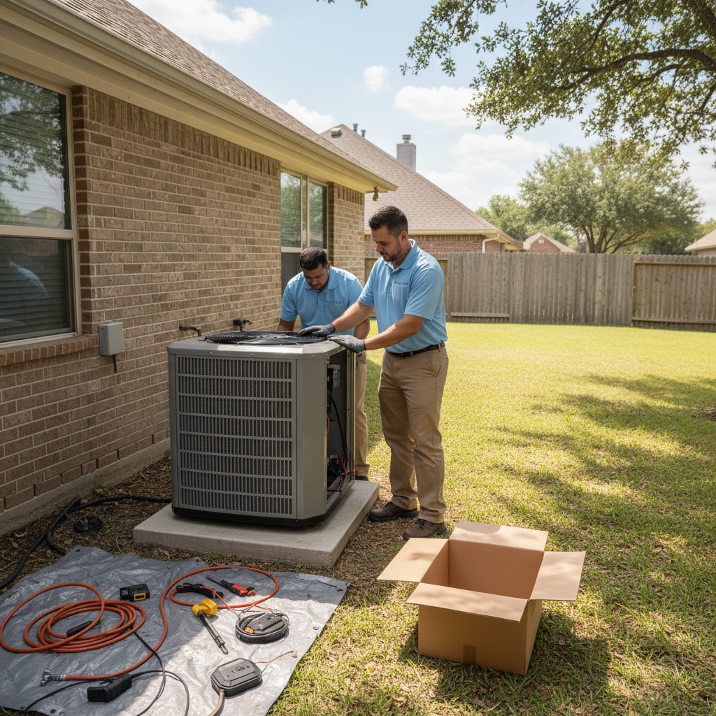 Boost My Air professional installing a new air conditioning unit in the DFW metroplex, TX.
