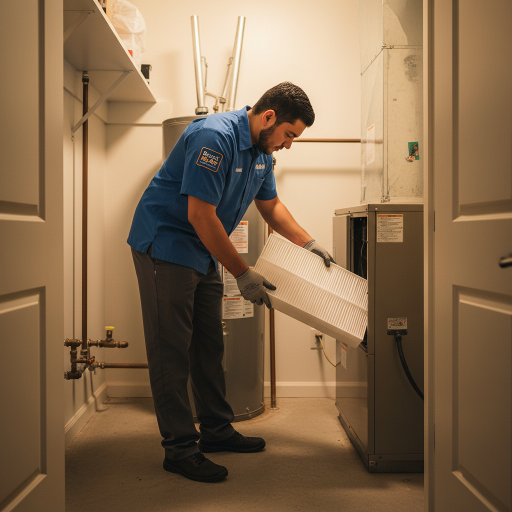 Boost My Air professional installing a new air filter in a residential HVAC system in the DFW metroplex, TX.