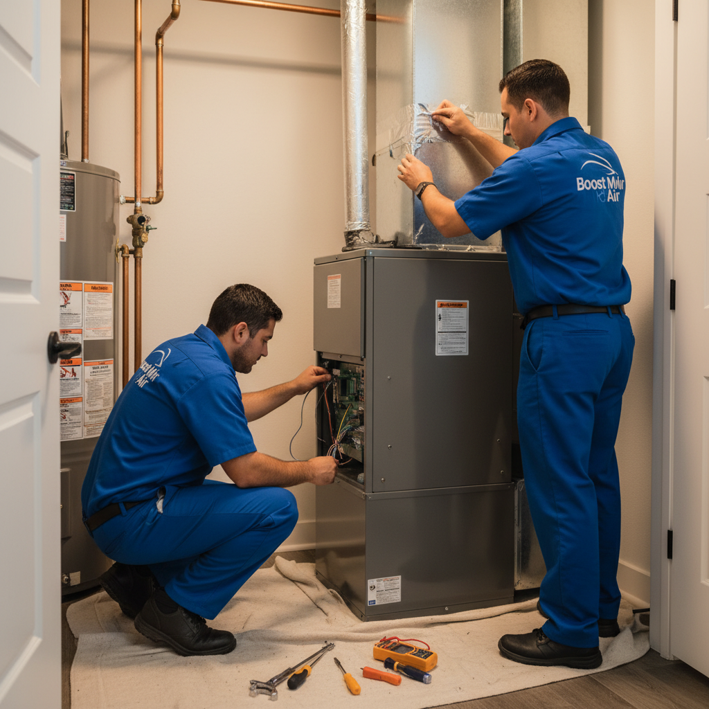 Boost My Air professional installing a new furnace in a Grand Prairie, TX home.