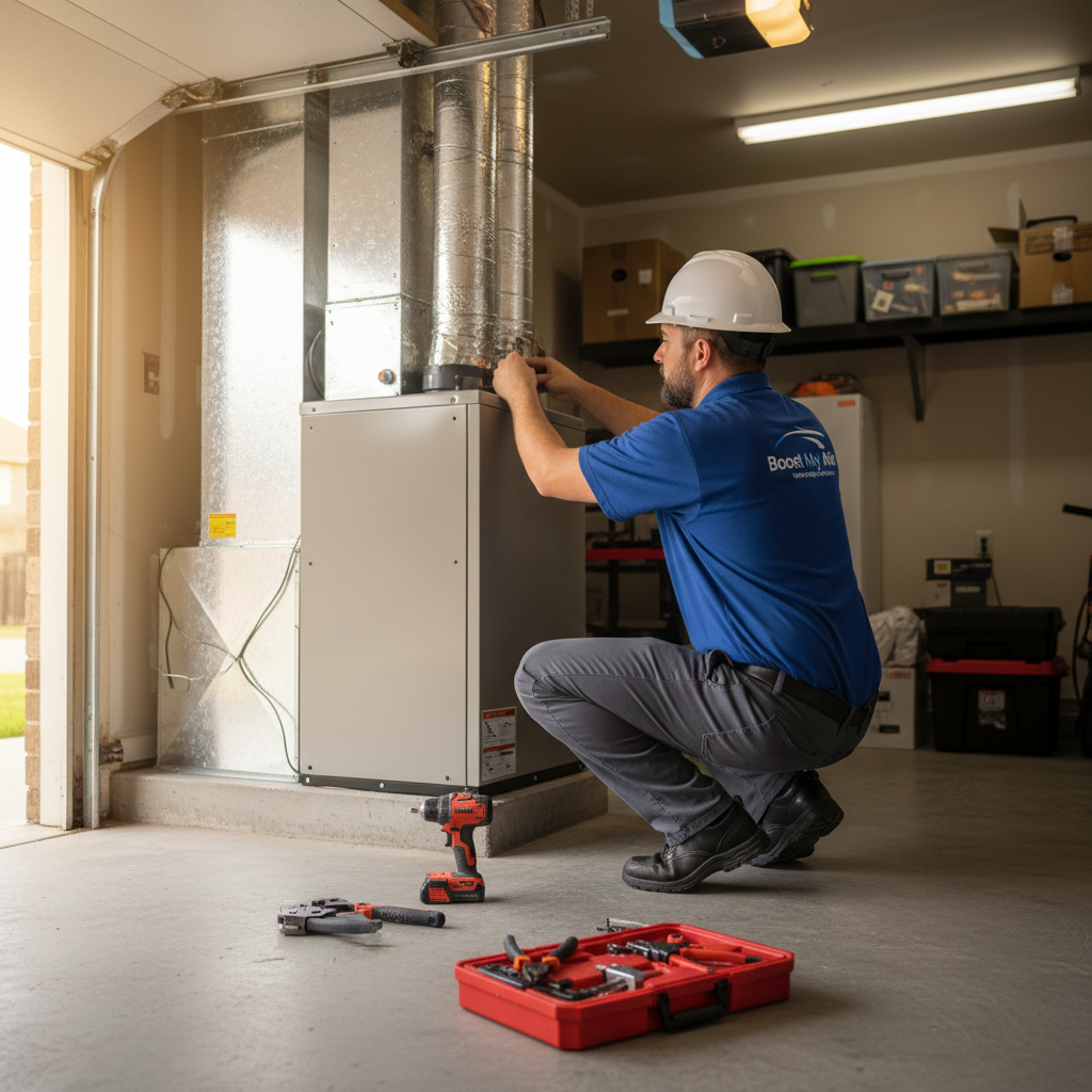 Boost My Air professional installing a new furnace system in a Grand Prairie, TX home.