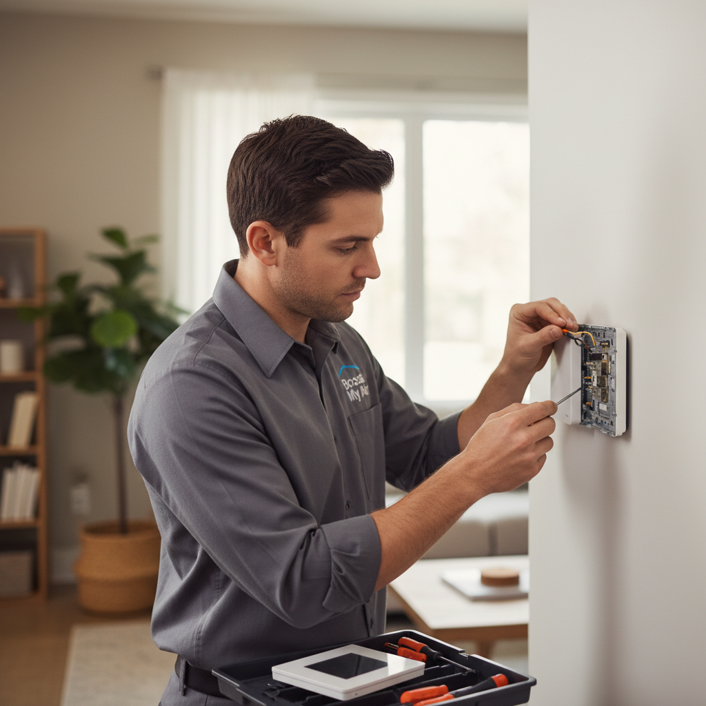 Boost My Air professional installing a new HVAC thermostat inside a home in DFW metroplex, TX.
