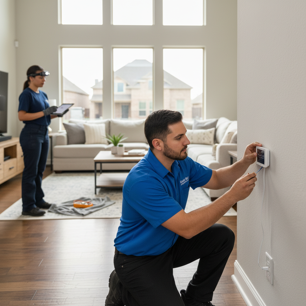 Boost My Air professional installing a new smart thermostat in a modern Grand Prairie, TX home.