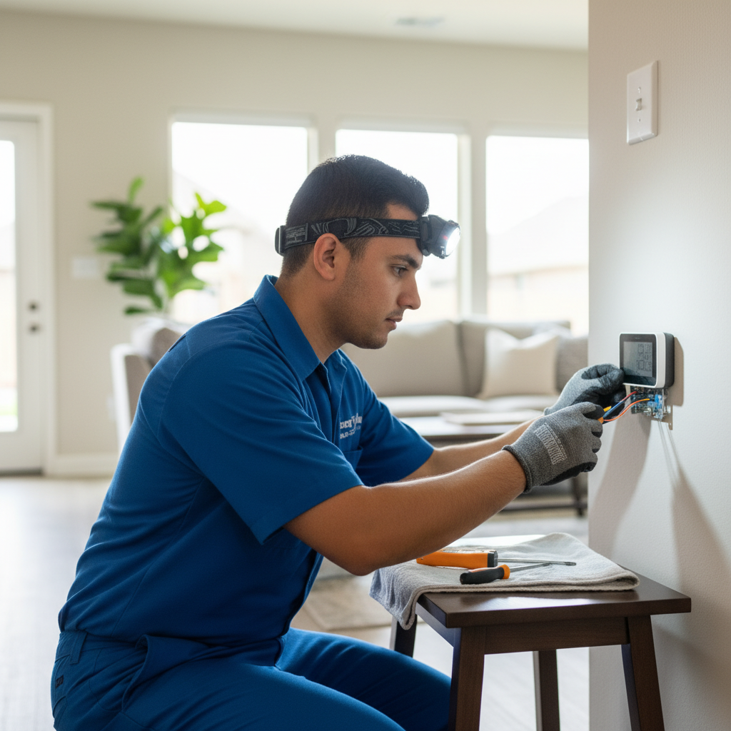 Boost My Air professional installing a new thermostat in a modern Grand Prairie, TX DFW metroplex home.