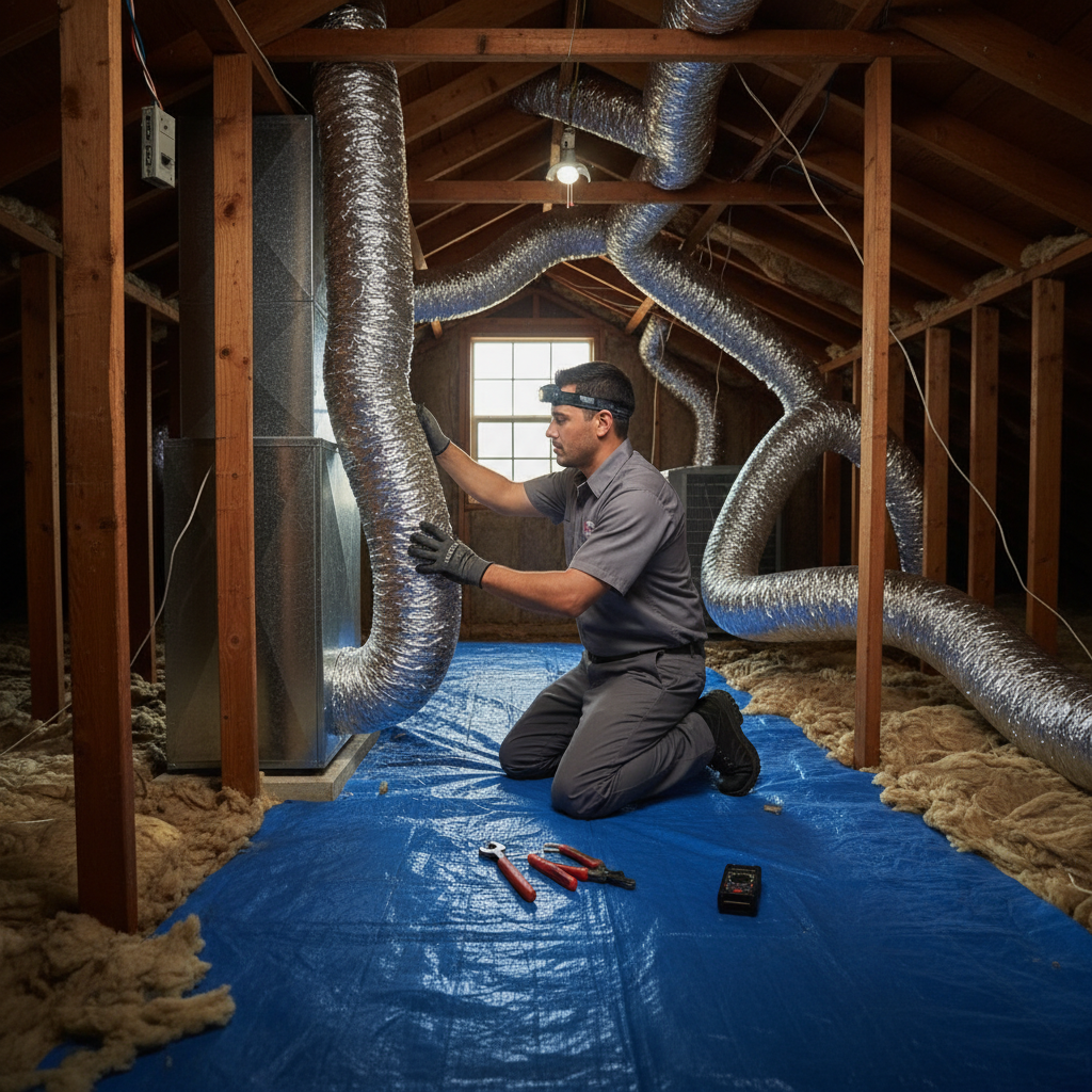 Boost My Air professional installing new ductwork in an attic for a home in Grand Prairie, TX.