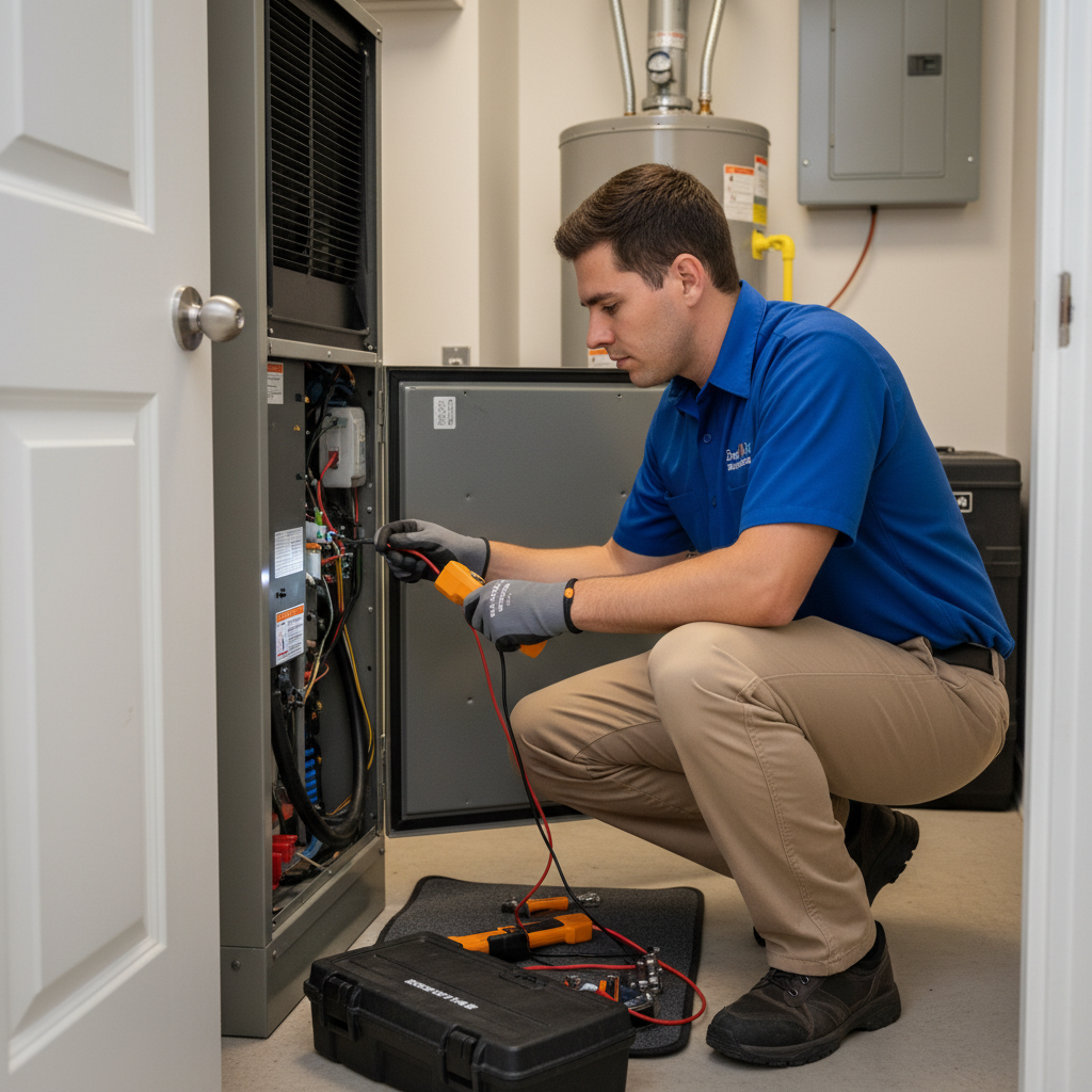 Boost My Air professional working on an indoor air handler for HVAC service in the DFW metroplex, TX.