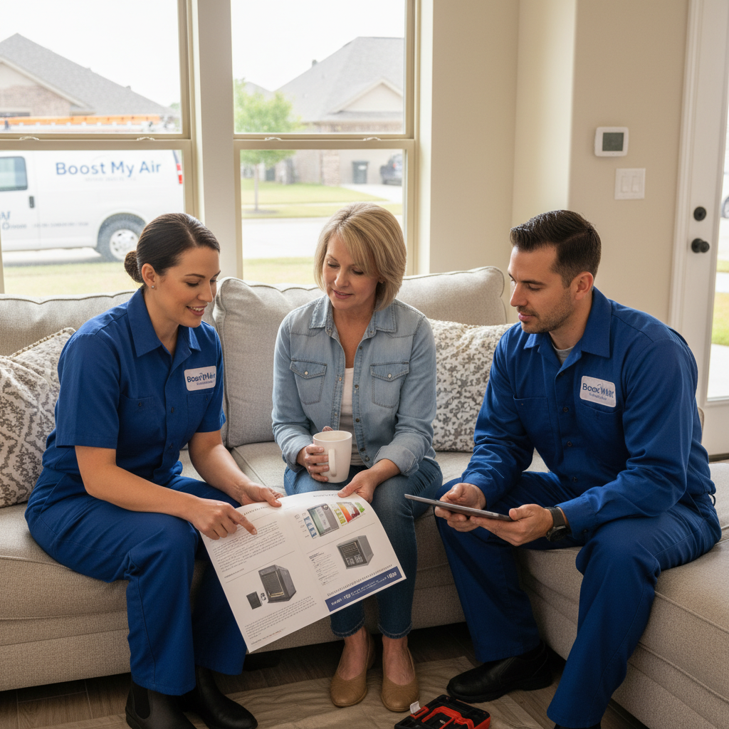 Boost My Air professionals consulting with a homeowner about new HVAC installation in Grand Prairie, TX.