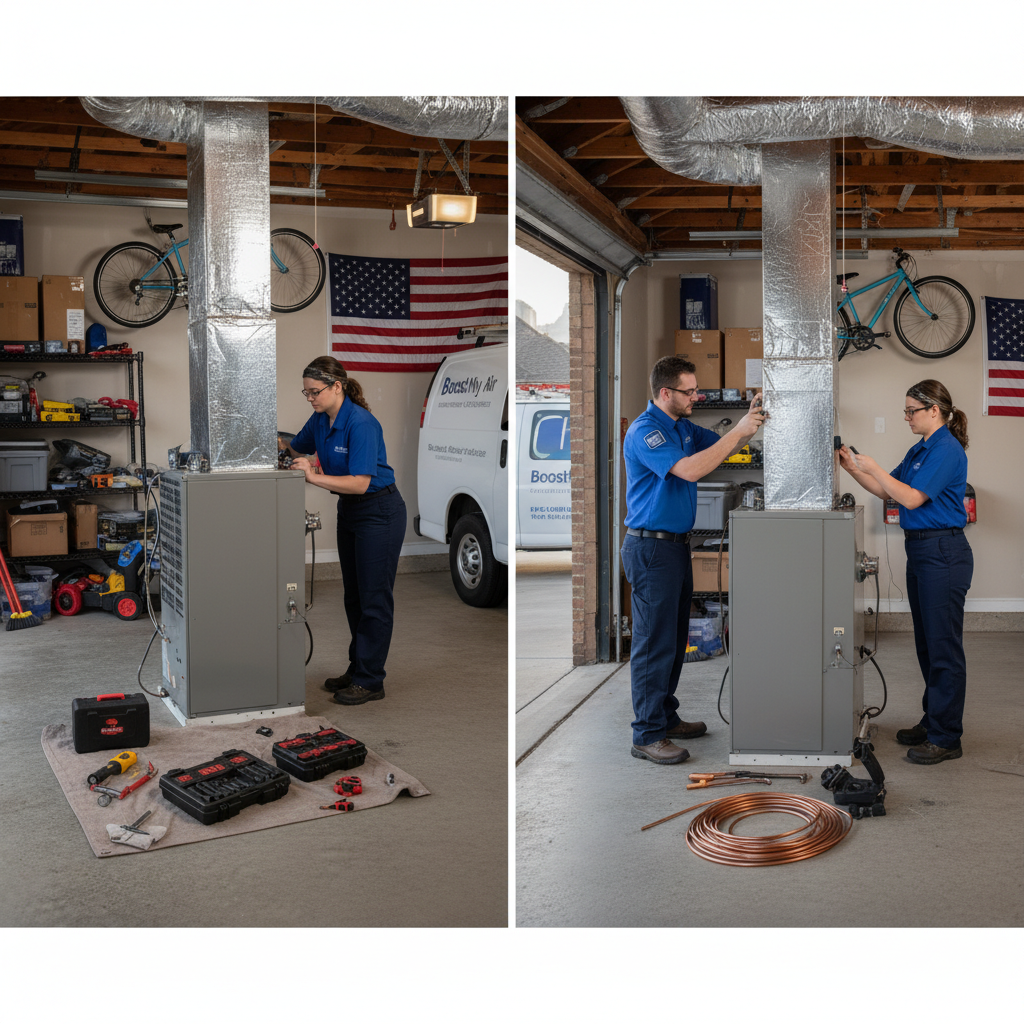 Boost My Air professionals expertly installing a new furnace system in a DFW metroplex basement.