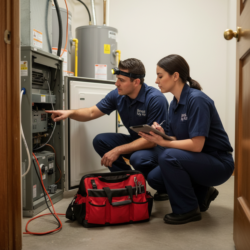 Boost My Air professionals inspecting a residential furnace in the DFW metroplex, ensuring optimal heating.