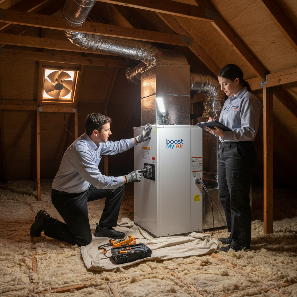 Boost My Air professionals inspecting an HVAC system in a Grand Prairie, TX attic space.