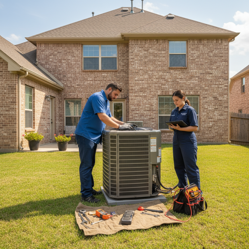 Boost My Air professionals inspecting an outdoor AC unit for a DFW metroplex client.
