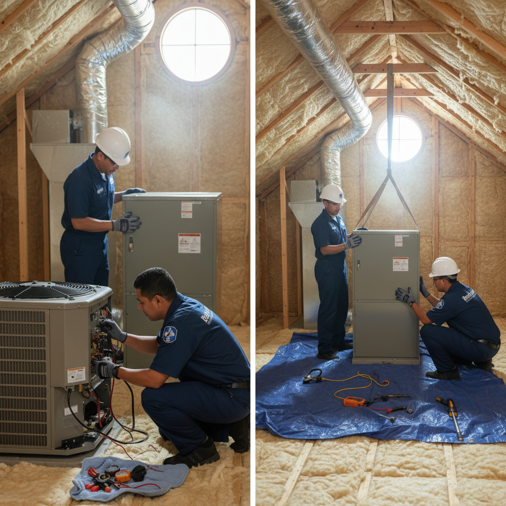 Boost My Air professionals installing a new furnace in a Grand Prairie, TX home attic.