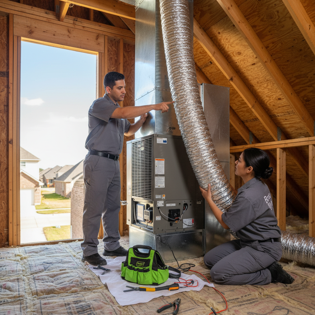 Boost My Air professionals installing a new furnace system in a Grand Prairie, TX home, DFW metroplex.