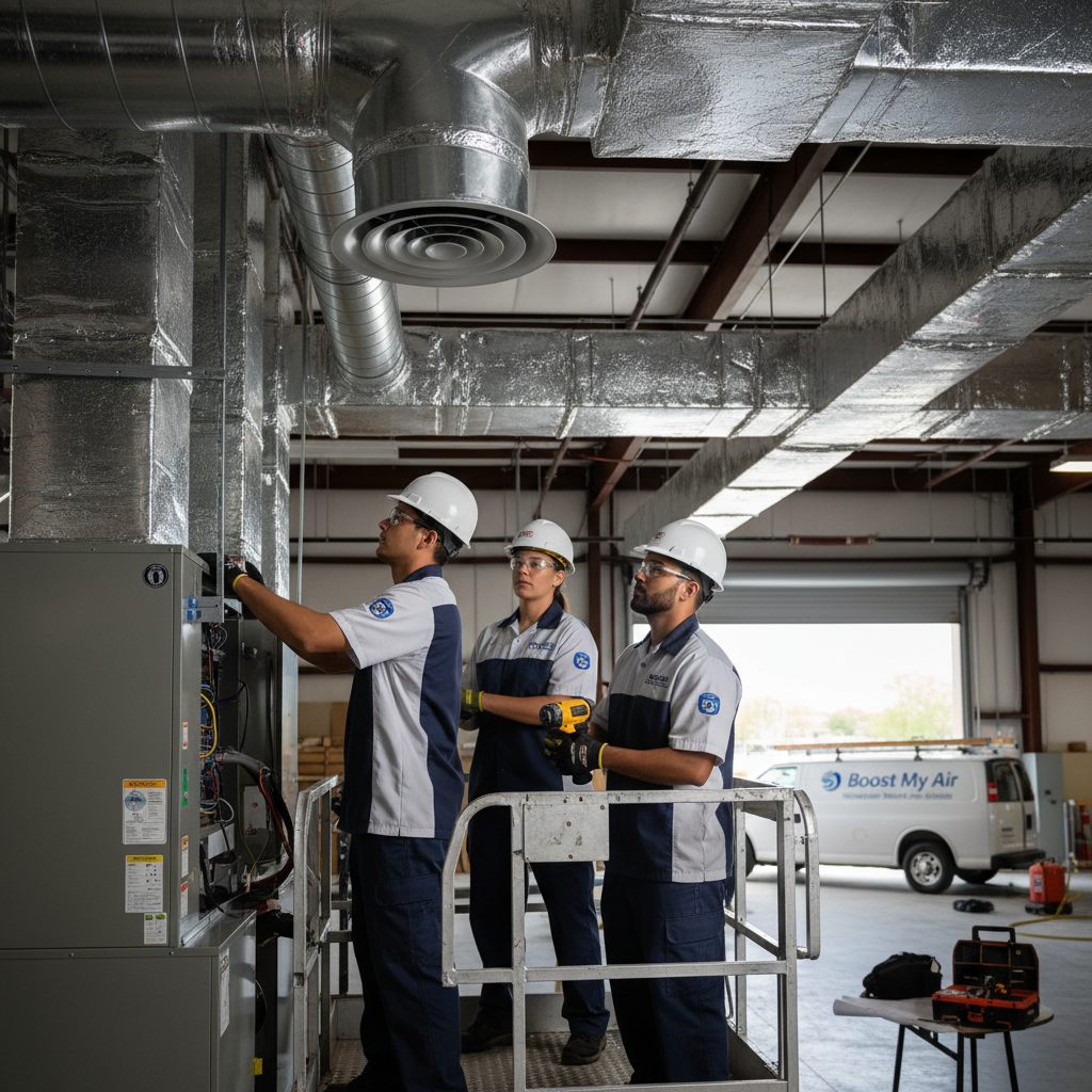Boost My Air professionals installing a new HVAC system in a DFW metroplex, TX business.