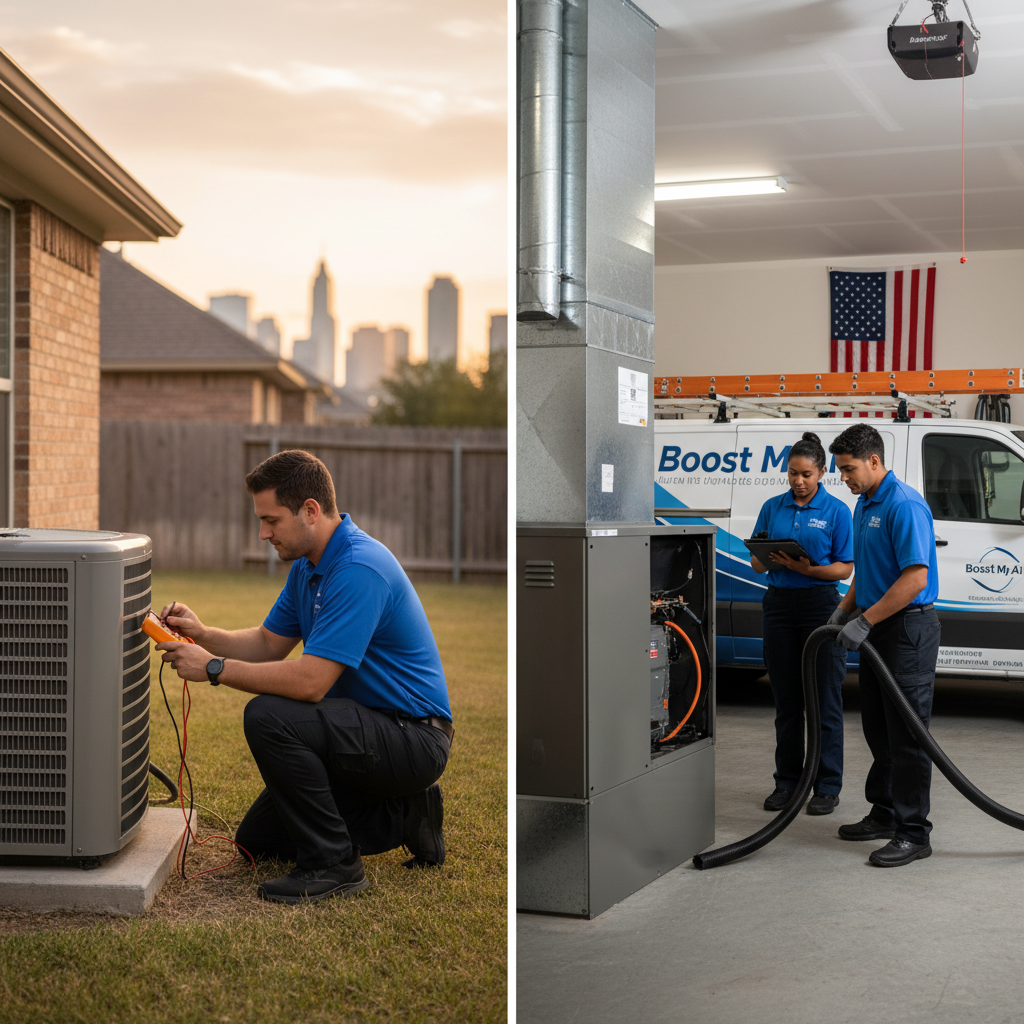 Boost My Air professionals performing a detailed furnace service for a DFW metroplex client.