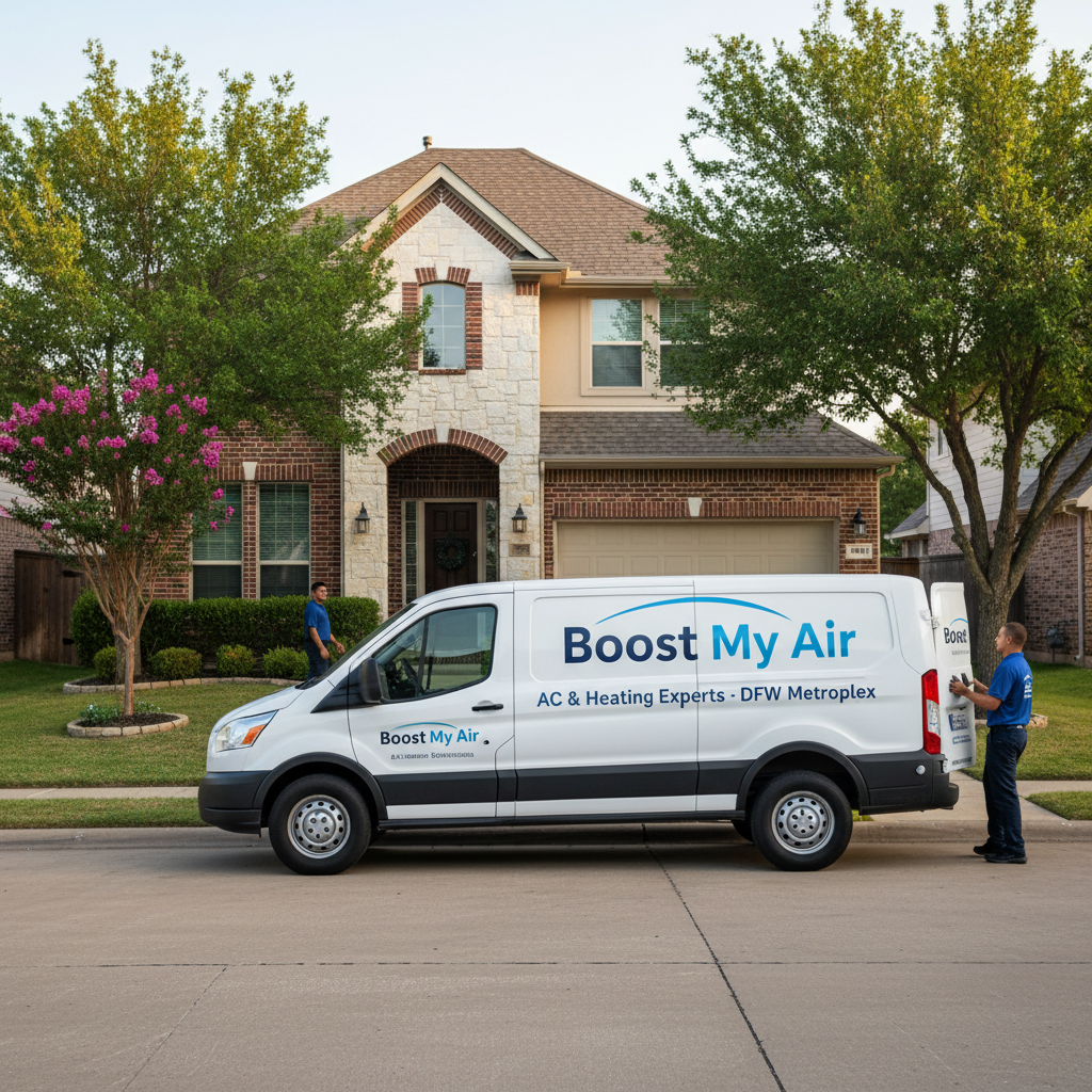 Boost My Air service vehicle parked outside a residential home in Grand Prairie, TX, ready for an HVAC job.