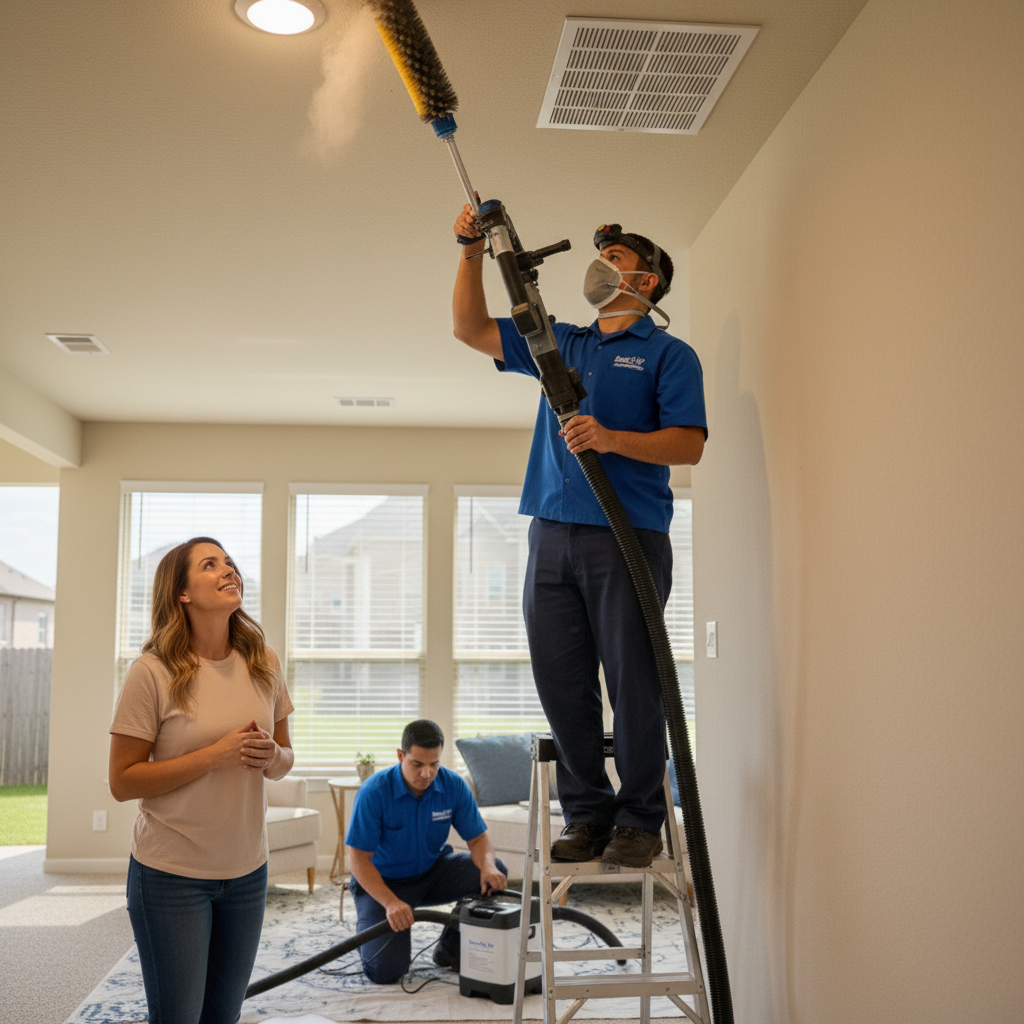Boost My Air team performing air duct cleaning service in a Grand Prairie, TX home.