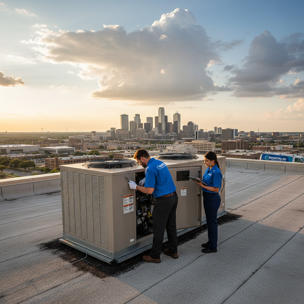 Boost My Air team performing HVAC repair on a rooftop unit in the DFW metroplex, TX.