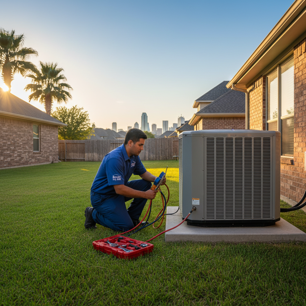 Boost My Air technician calibrating a new HVAC unit in a Grand Prairie, TX home.