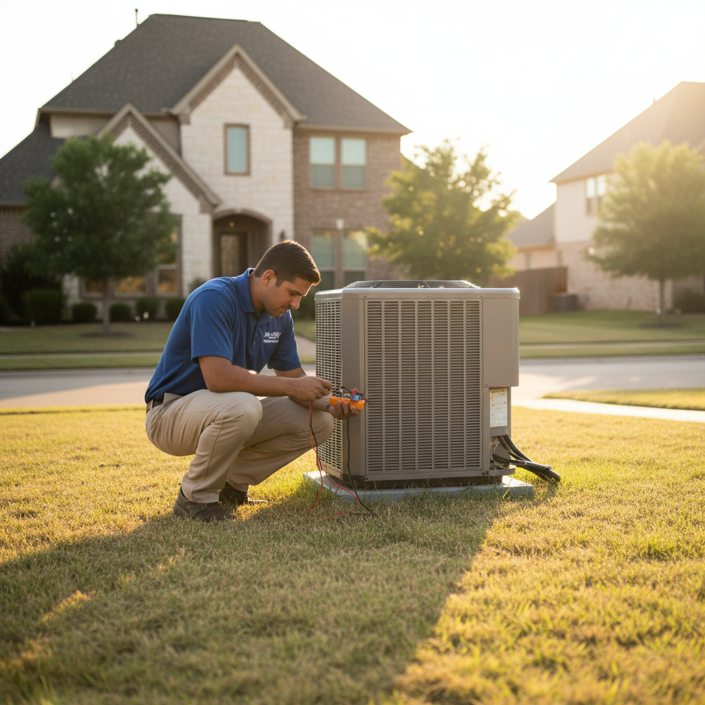 Boost My Air technician checking outdoor AC unit in a residential Grand Prairie, TX neighborhood.