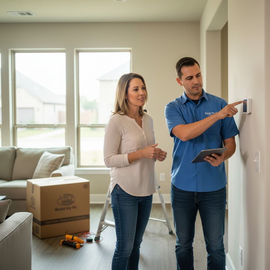 Boost My Air technician discussing a new AC installation with a homeowner in Grand Prairie, TX.
