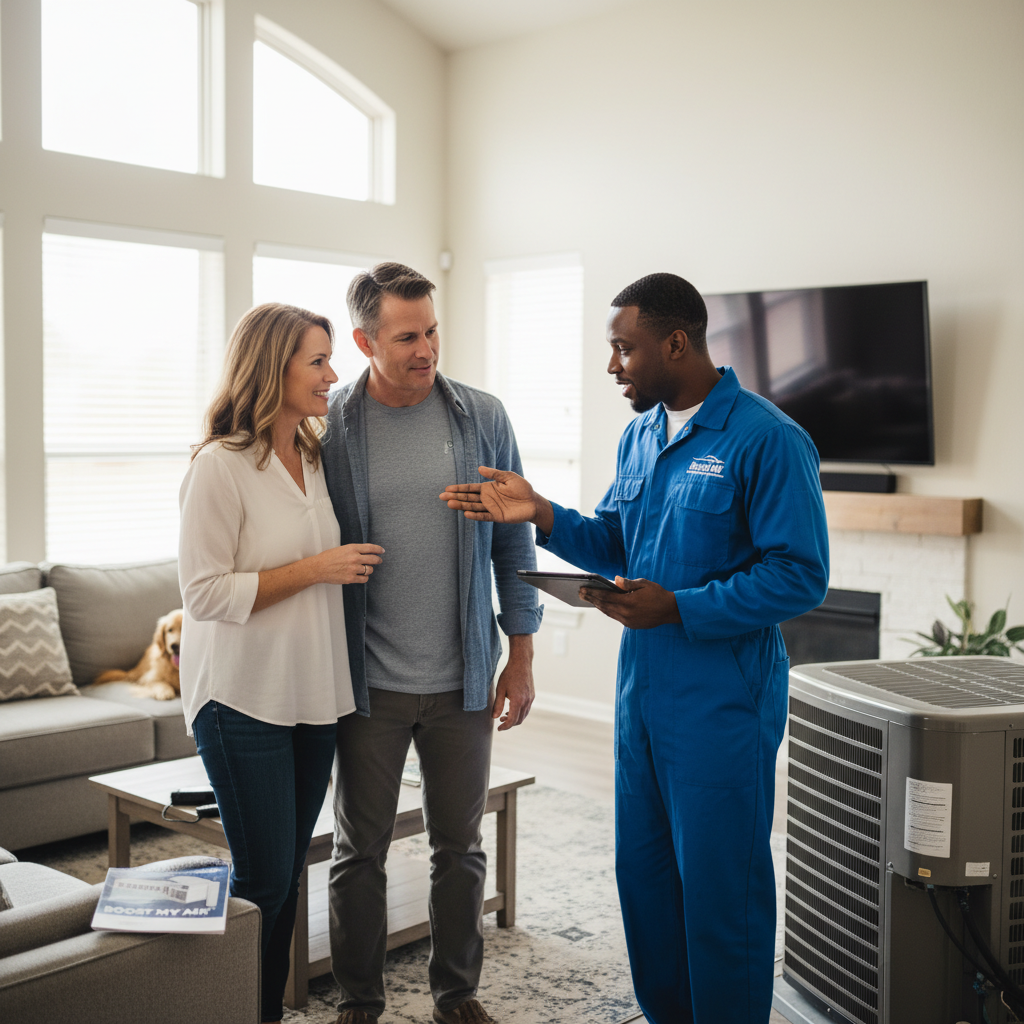 Boost My Air technician discussing a new AC installation with a homeowner in the DFW metroplex, TX.