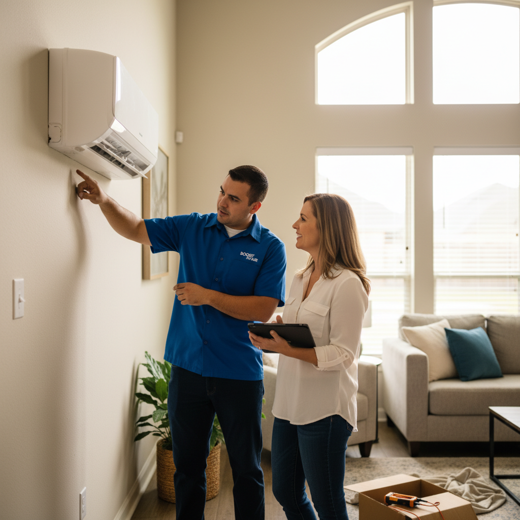 Boost My Air technician discussing a new AC installation with a homeowner in Grand Prairie, TX.