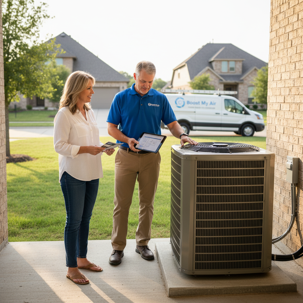 Boost My Air technician discussing a new HVAC system with a homeowner in Grand Prairie, TX.
