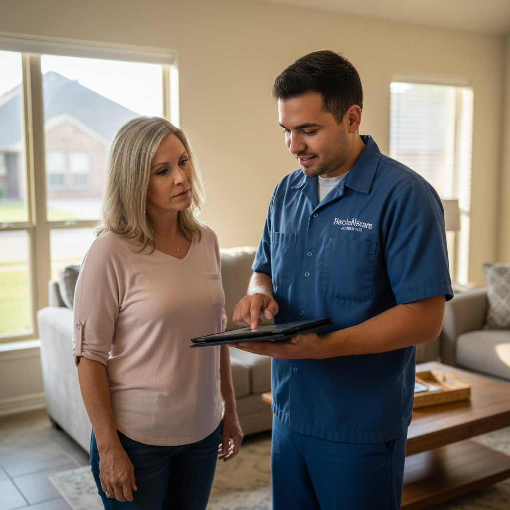 Boost My Air technician discussing AC repair options with a homeowner in the DFW metroplex, TX.