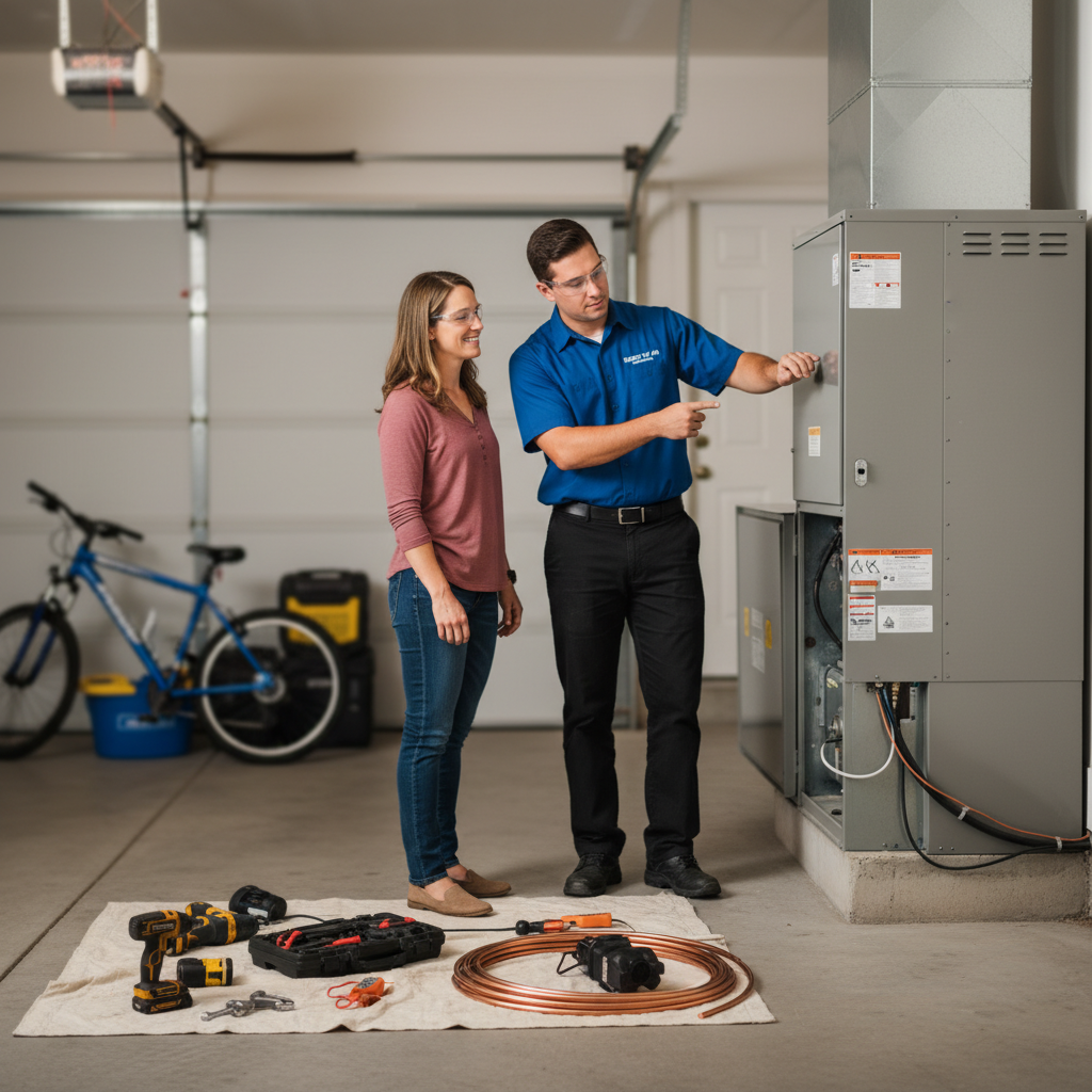 Boost My Air technician discussing an HVAC installation with a homeowner in Grand Prairie, TX.