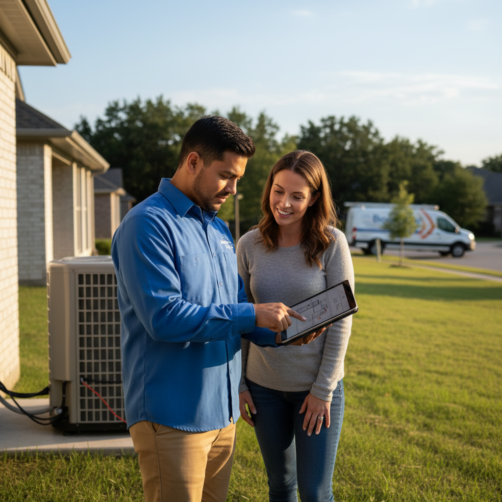 Boost My Air technician discussing an HVAC installation with a homeowner in Grand Prairie, TX.