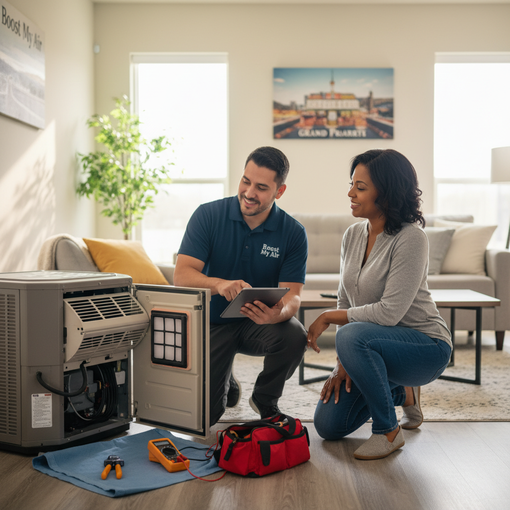 Boost My Air technician discussing an HVAC repair with a satisfied customer in Grand Prairie, TX.