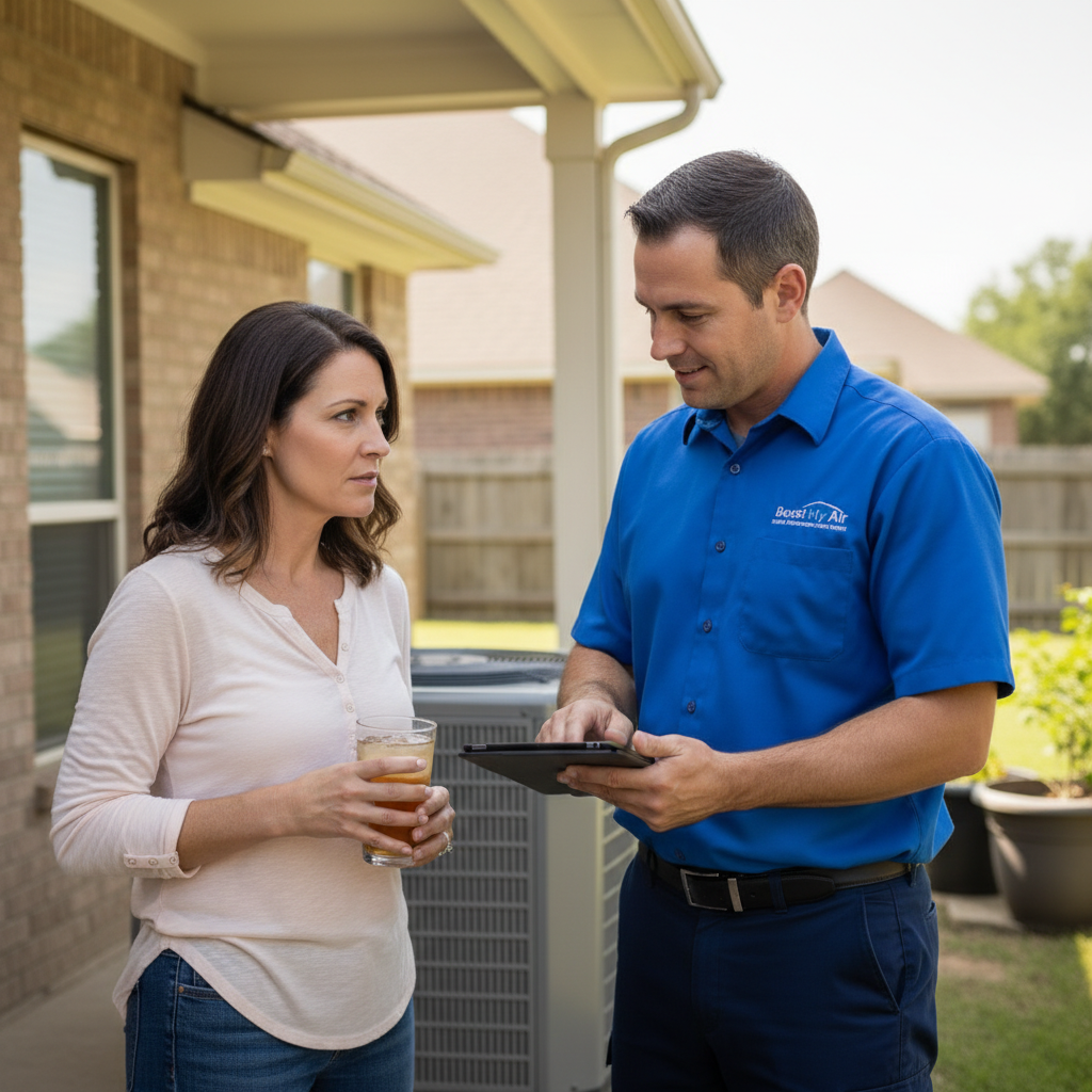 Boost My Air technician discussing HVAC repair options with a homeowner in Grand Prairie, TX.