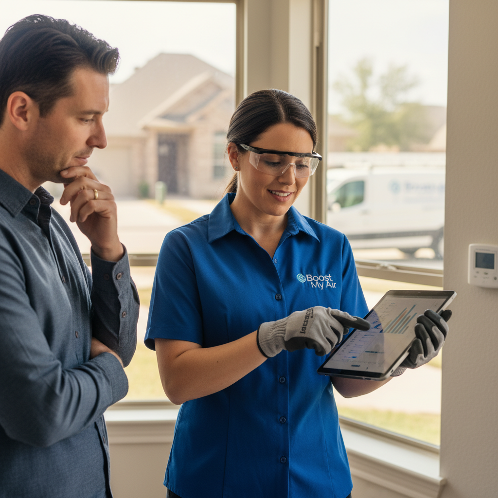 Boost My Air technician discussing HVAC repair options with a homeowner in Grand Prairie, TX.