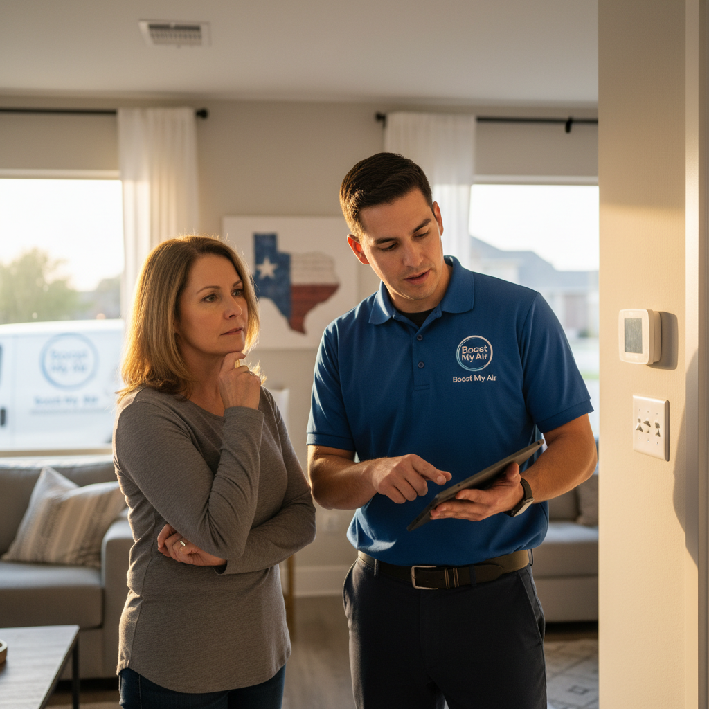 Boost My Air technician discussing HVAC repair options with a homeowner in Grand Prairie, TX.