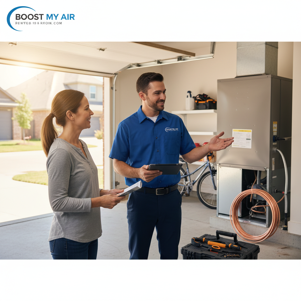 Boost My Air technician explaining a new HVAC system installation to a homeowner in Grand Prairie, TX.