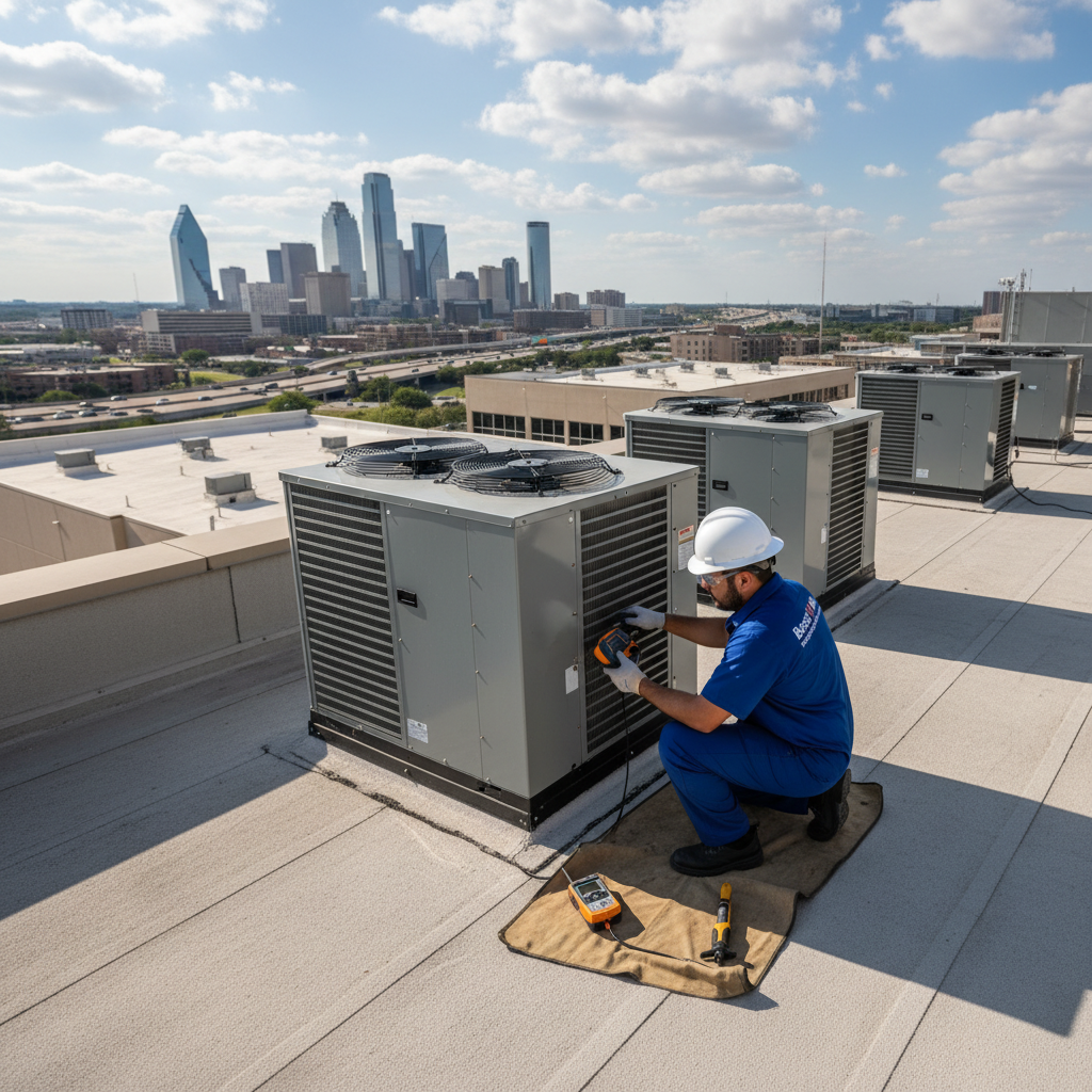 Boost My Air technician inspecting a commercial HVAC system on a rooftop in the DFW metroplex, TX.
