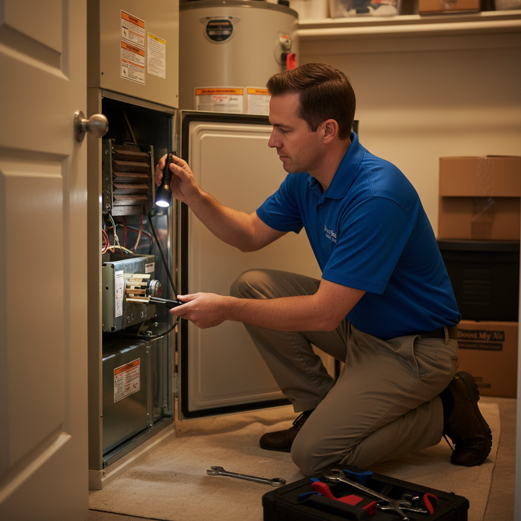 Boost My Air technician inspecting a furnace in a Grand Prairie, TX residence, ensuring efficient heating.