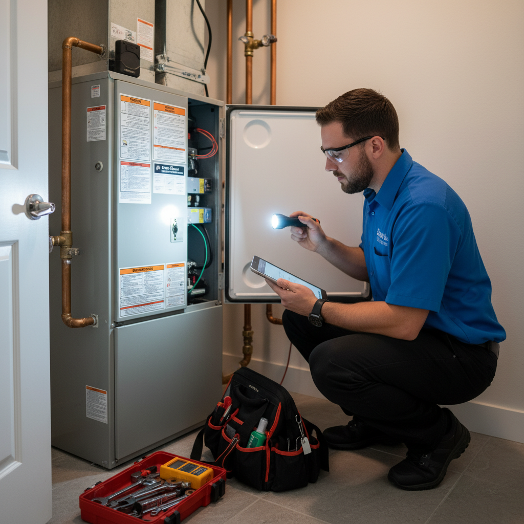 Boost My Air technician inspecting a furnace in a Grand Prairie, TX DFW metroplex home.