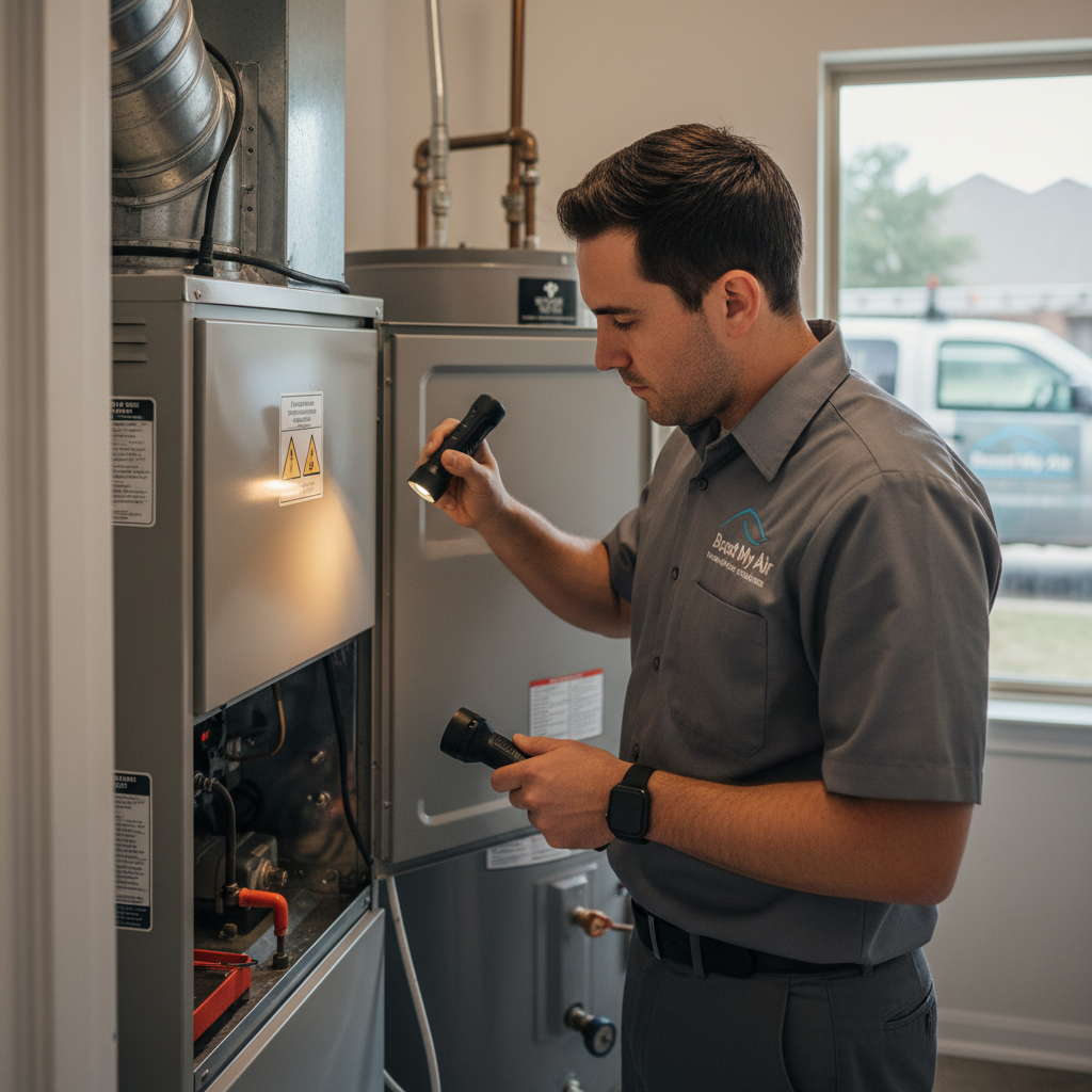 Boost My Air technician inspecting a furnace in a Grand Prairie, TX, DFW metroplex residence.