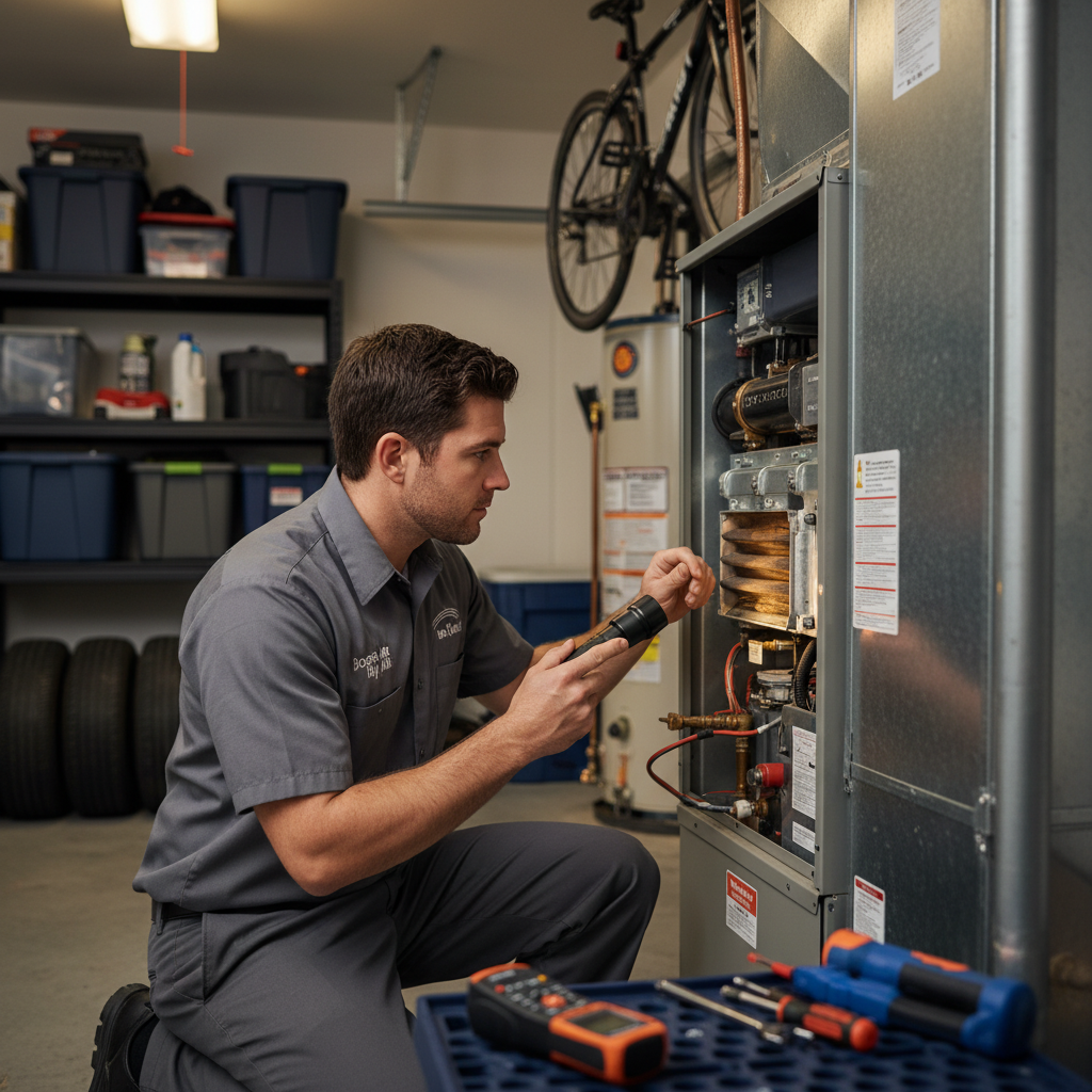 Boost My Air technician inspecting a furnace in a Grand Prairie, TX home for heating service.