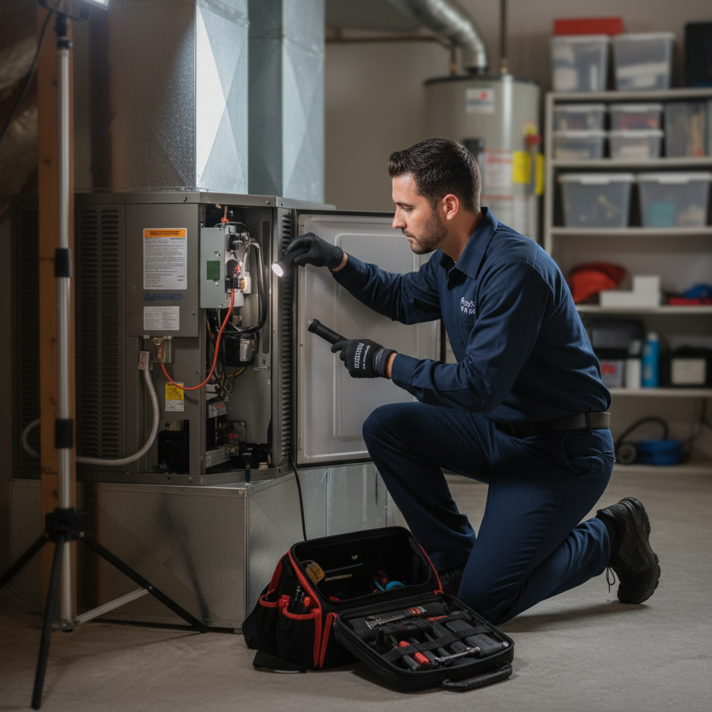 Boost My Air technician inspecting a furnace in a Grand Prairie, TX residential basement.
